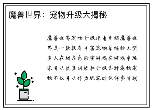 魔兽世界：宠物升级大揭秘